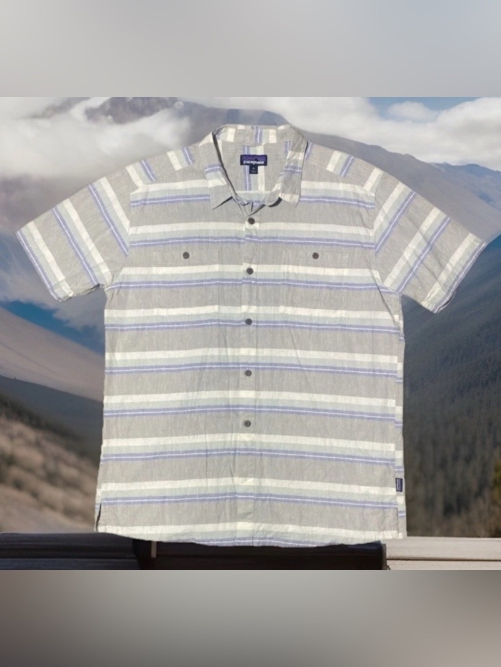PATAGONIA Back Step Shirt Mens XL Blue/Grey Striped Hemp Organic Cotton Hiking